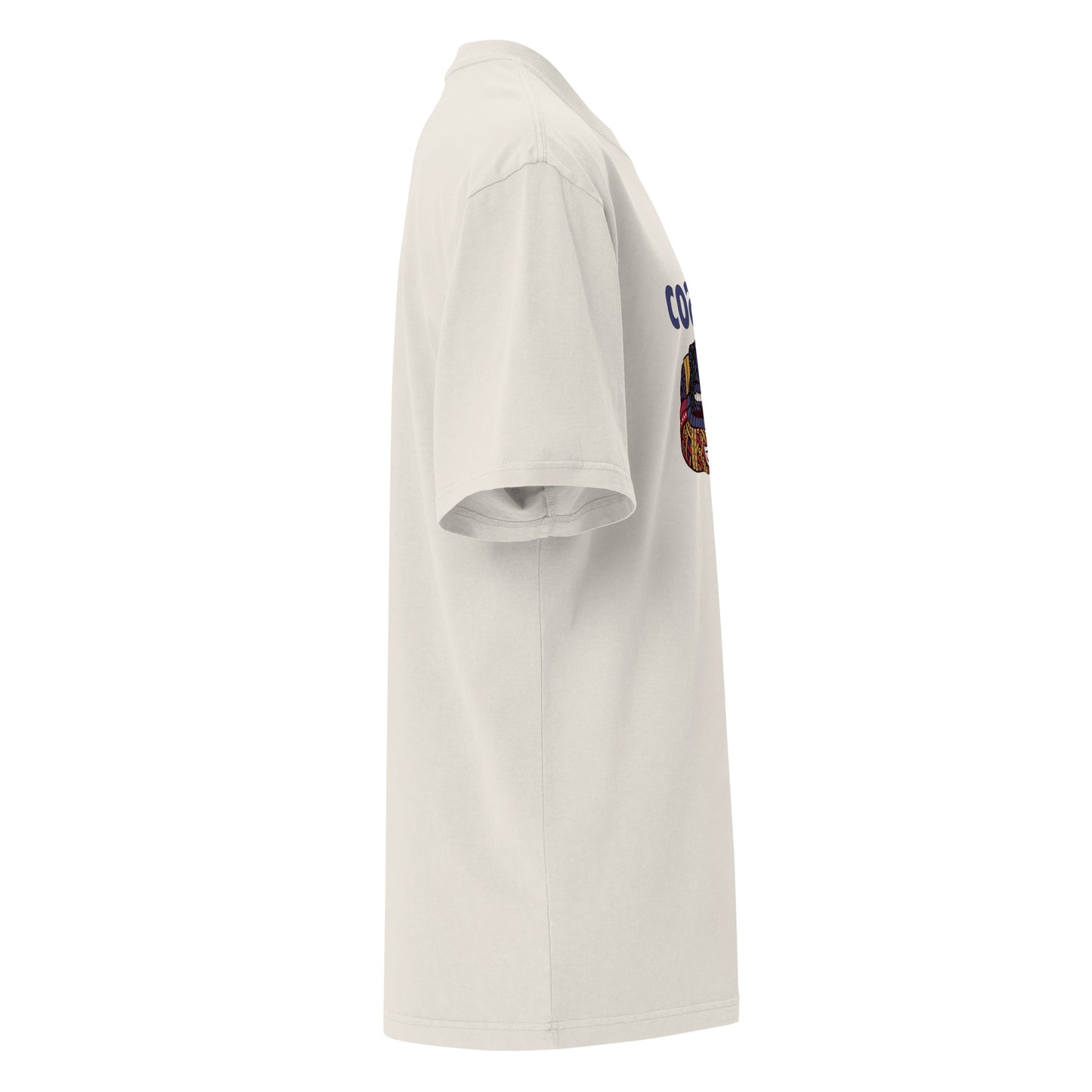 Faded bone Coatlicue oversized distressed tee, right side view, showing the dropped shoulder seam and sleeve.