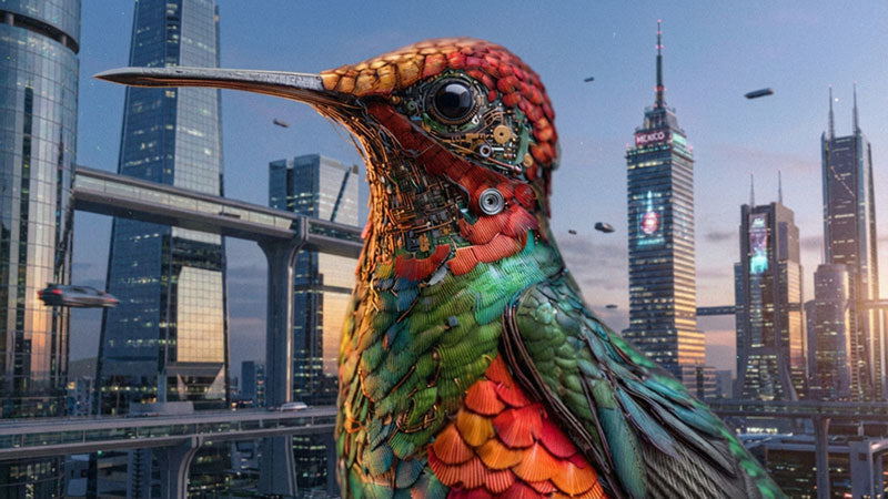 Close-up of a vibrant, steampunk/cybernetic hummingbird against a futuristic CDMX cityscape