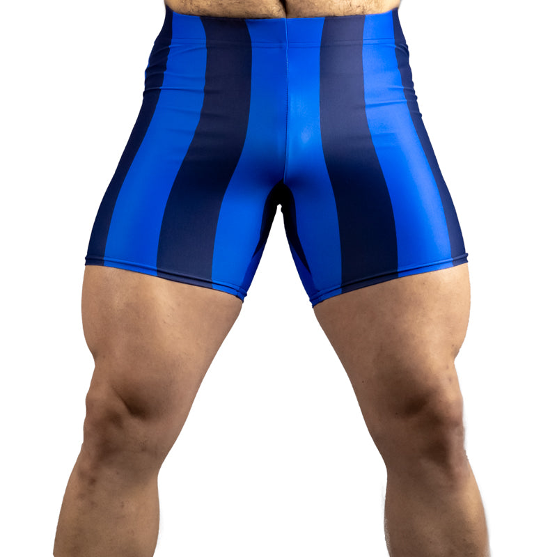 Blueberry Spandex Shorts, front view—royal blue and navy vertical stripes running down the quad from a mid-rise waist.