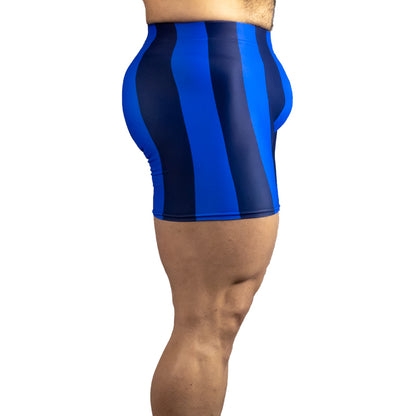 Blueberry Spandex Shorts, side view—royal blue and navy vertical stripes along the hip and outer thigh.