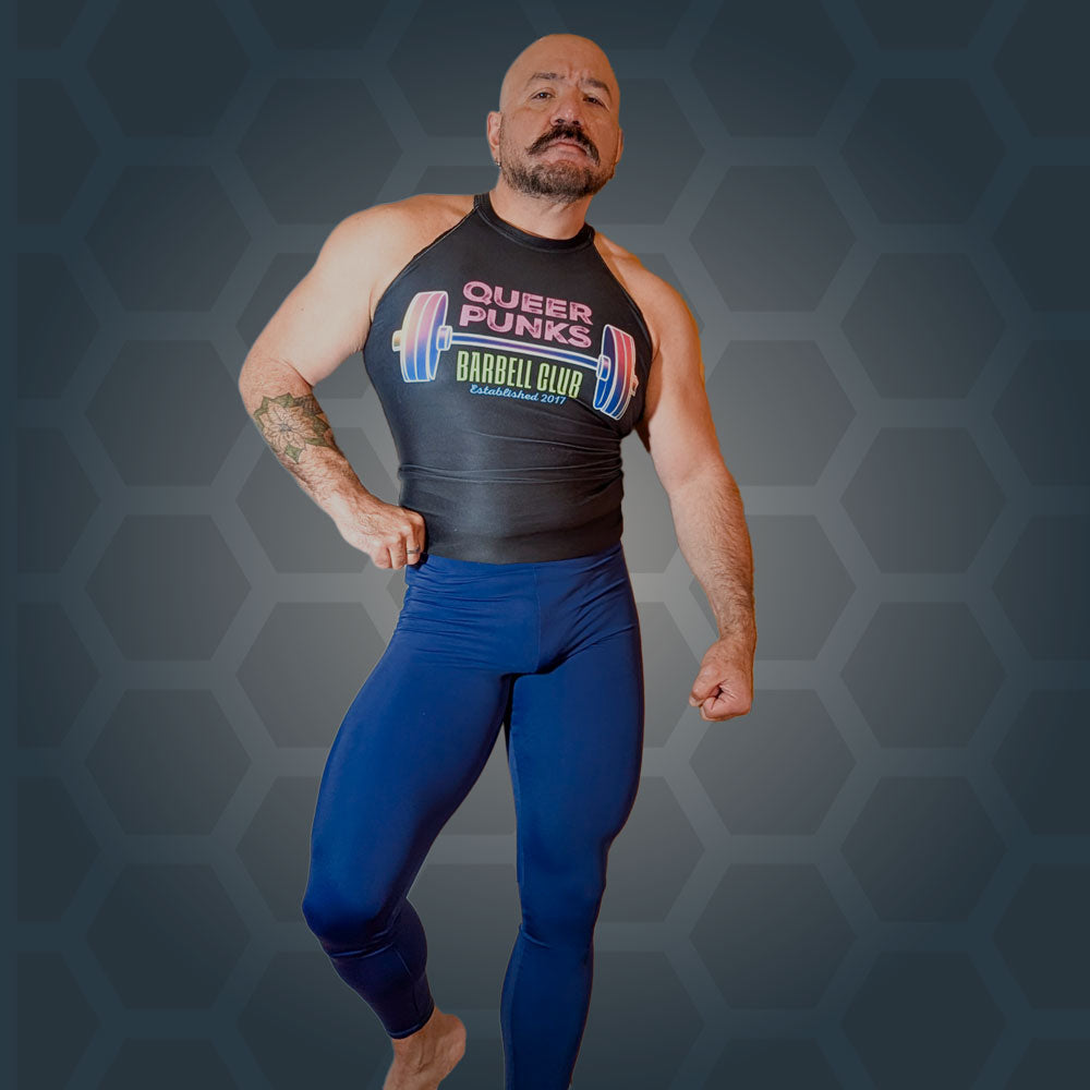 Side view of Midnight Cobra tights worn with a tank, showing the full stripe line