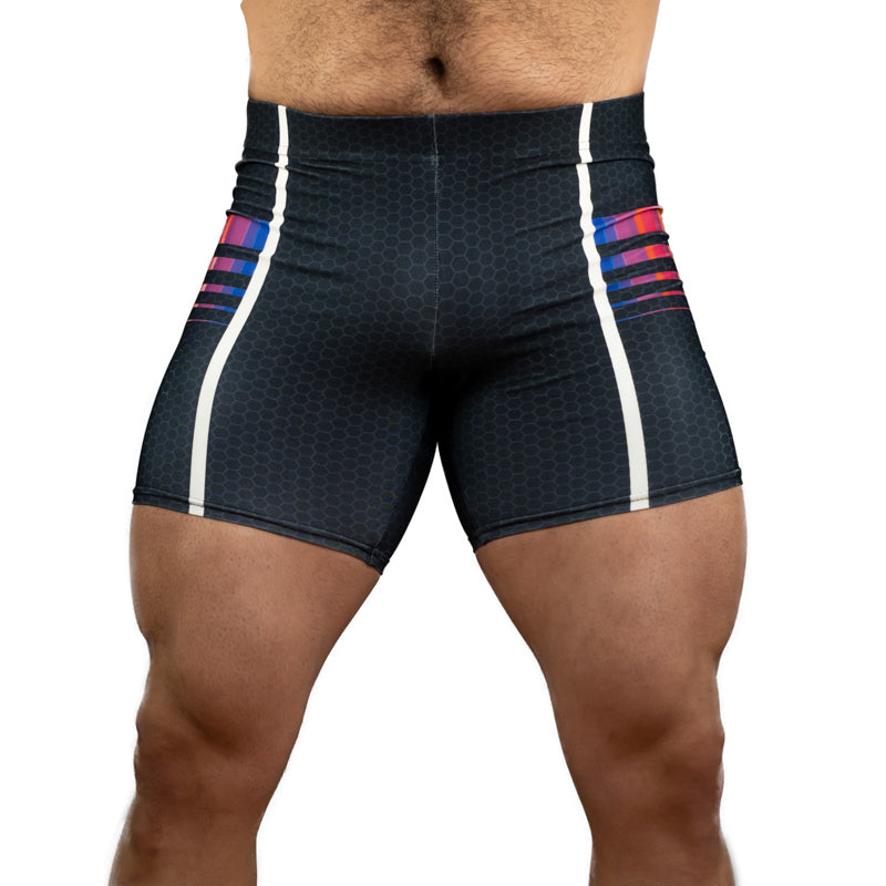 Men's athletic compression shorts in black with a subtle hexagonal pattern, featuring white side stripes and red/blue striped accents on the hips, shown on a model against a white background.