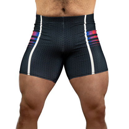 Men's athletic compression shorts in black with a subtle hexagonal pattern, featuring white side stripes and red/blue striped accents on the hips, shown on a model against a white background.