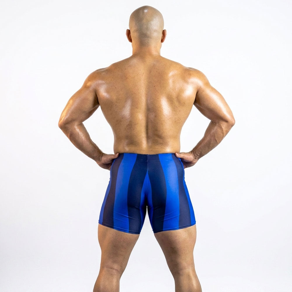 Blueberry Spandex Shorts, rear view—vertical royal blue and navy stripe pattern across the seat and upper thigh.
