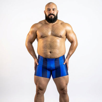 Blueberry Spandex Shorts, front view—royal blue and navy vertical stripes, mid-thigh length, no drawstring.