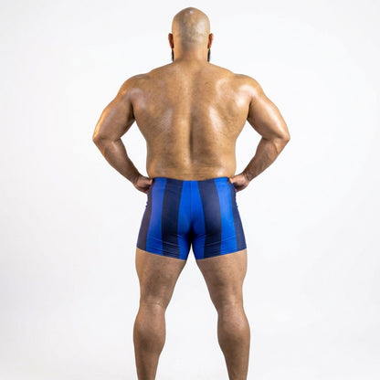 Blueberry Spandex Shorts, rear view—vertical royal blue and navy stripe pattern across the seat and upper thigh.