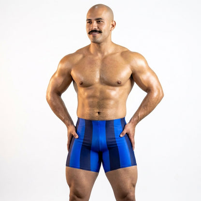 Blueberry Spandex Shorts, front view—alternating royal blue and navy vertical stripes with a flat elastic waistband.