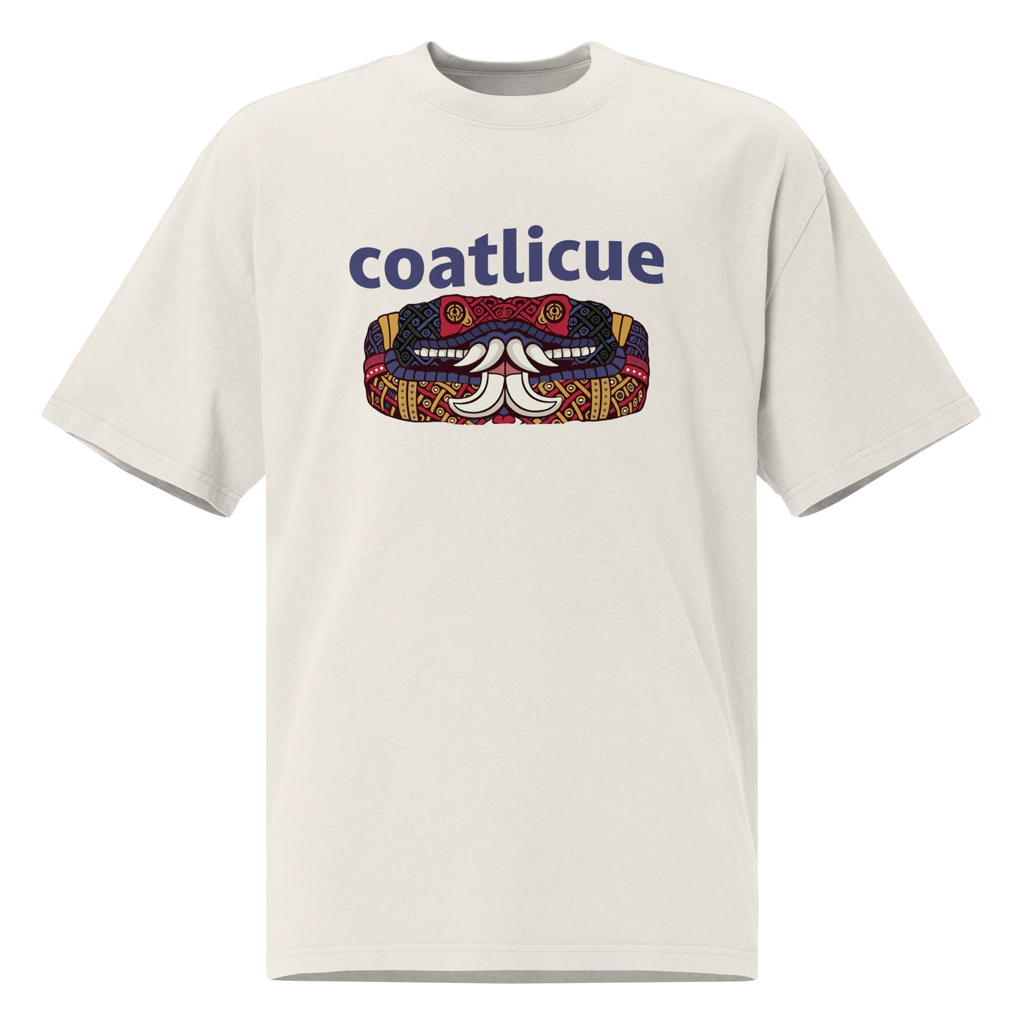 Faded bone Coatlicue oversized distressed tee, front view, showing the blue lettering and serpent graphic across the chest.