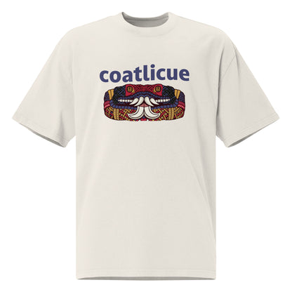 Faded bone Coatlicue oversized distressed tee, front view, showing the blue lettering and serpent graphic across the chest.