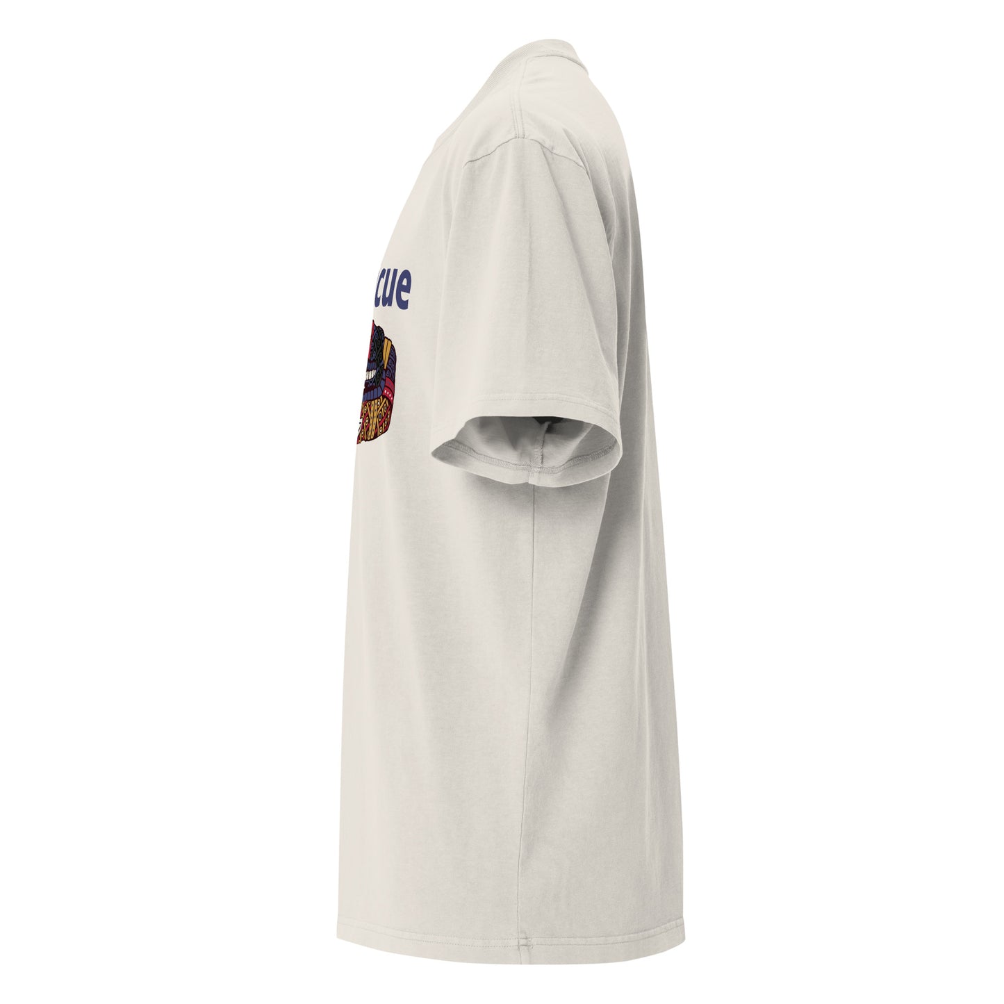 Faded bone Coatlicue oversized distressed tee, left side view, showing the dropped shoulder seam.