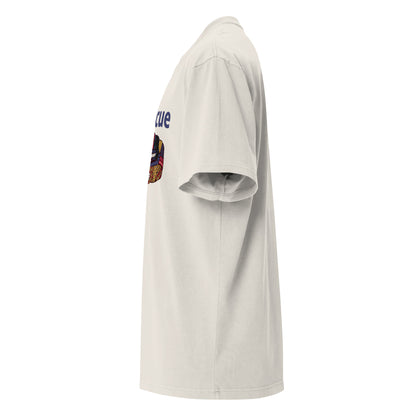 Faded bone Coatlicue oversized distressed tee, left side view, showing the dropped shoulder seam.
