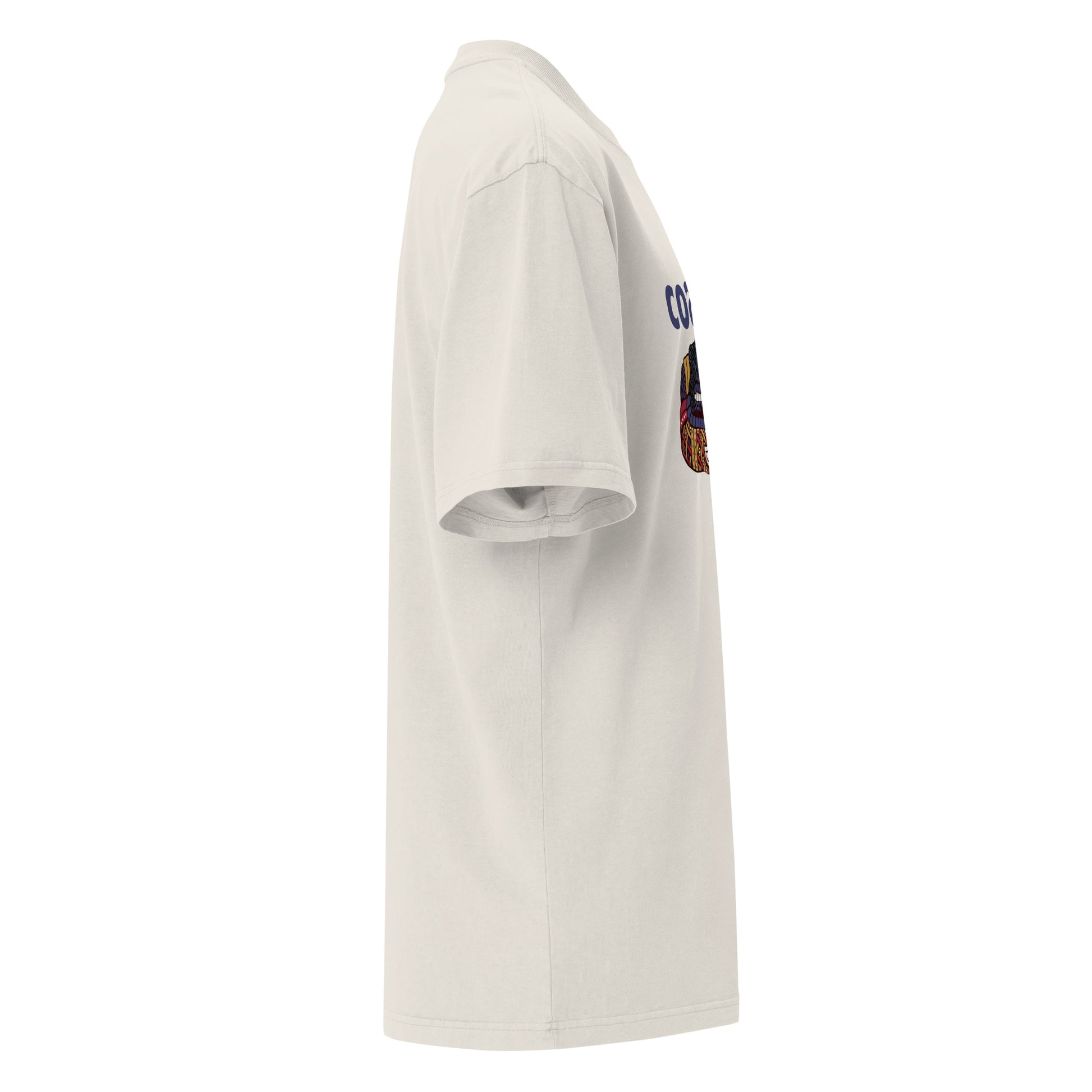 Faded bone Coatlicue oversized distressed tee, right side view, showing the dropped shoulder seam and sleeve.