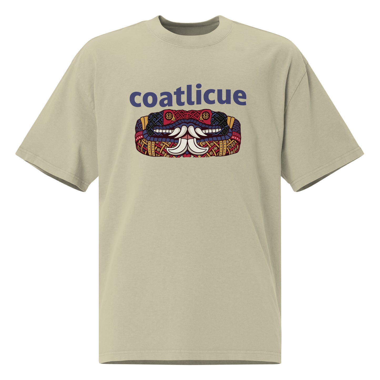 Faded eucalyptus Coatlicue oversized distressed tee, front view, showing the blue lettering and serpent graphic across the chest.