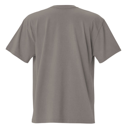 Faded grey Coatlicue oversized distressed tee, back view.