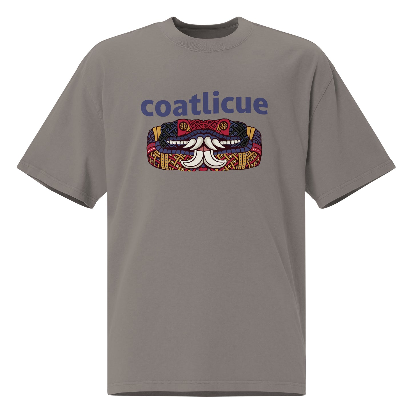 Faded grey Coatlicue oversized distressed tee, front view, showing the blue lettering and serpent graphic across the chest.