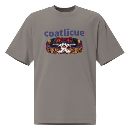 Faded grey Coatlicue oversized distressed tee, front view, showing the blue lettering and serpent graphic across the chest.