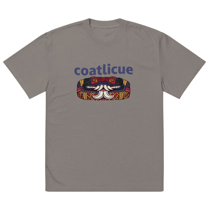 Faded grey Coatlicue oversized distressed tee, alternate front view of the graphic and its placement on the chest.
