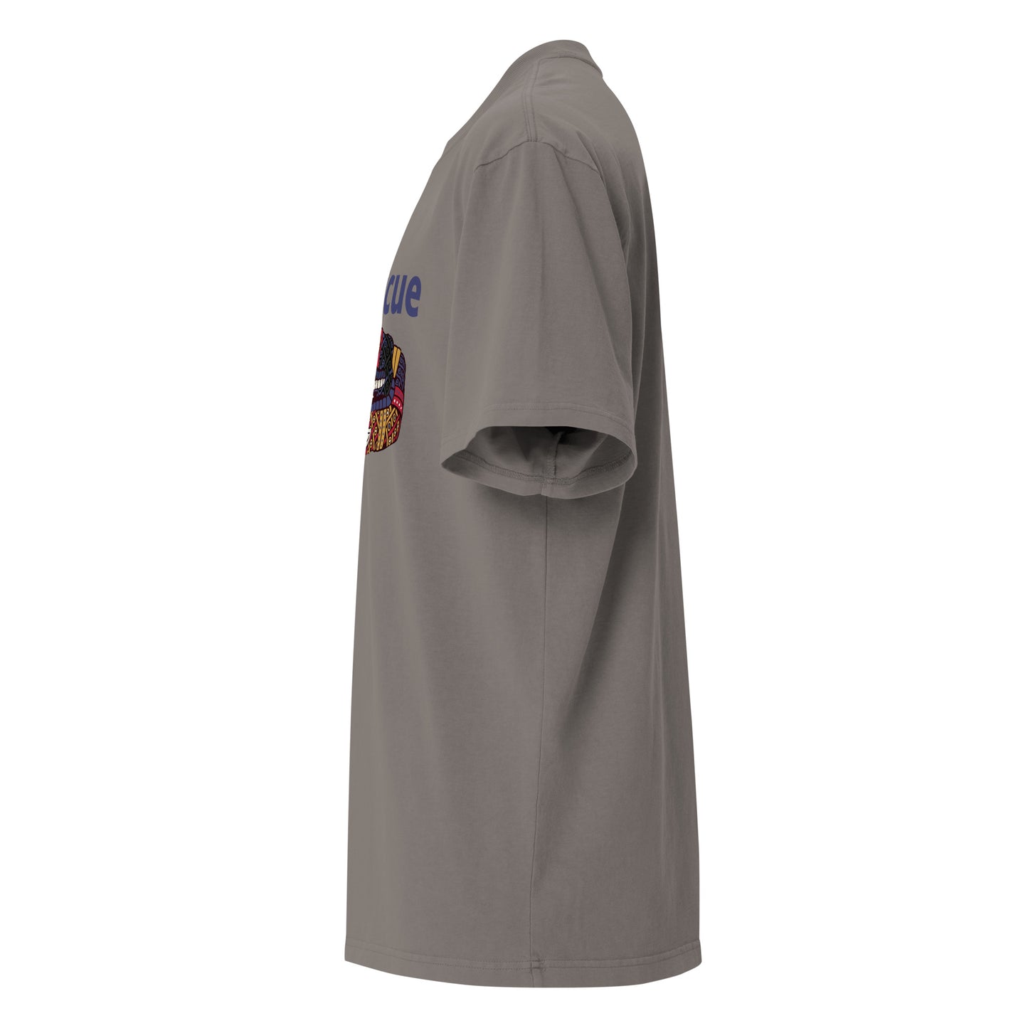 Faded grey Coatlicue oversized distressed tee, left side view, showing the dropped shoulder seam.