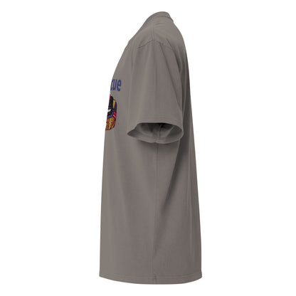 Faded grey Coatlicue oversized distressed tee, left side view, showing the dropped shoulder seam.