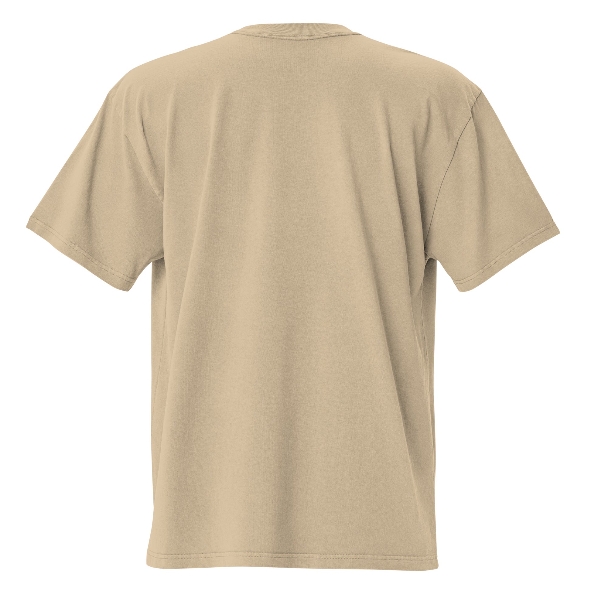 Faded khaki Coatlicue oversized distressed tee, back view.