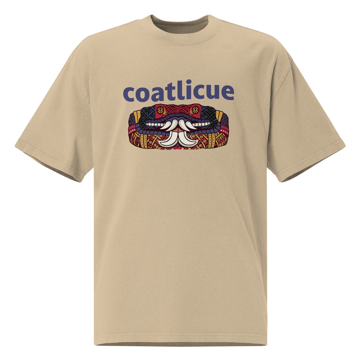 Faded khaki Coatlicue oversized distressed tee, front view, showing the blue lettering and serpent graphic across the chest.