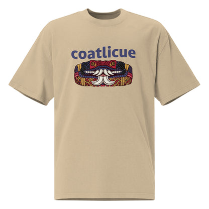 Faded khaki Coatlicue oversized distressed tee, front view, showing the blue lettering and serpent graphic across the chest.
