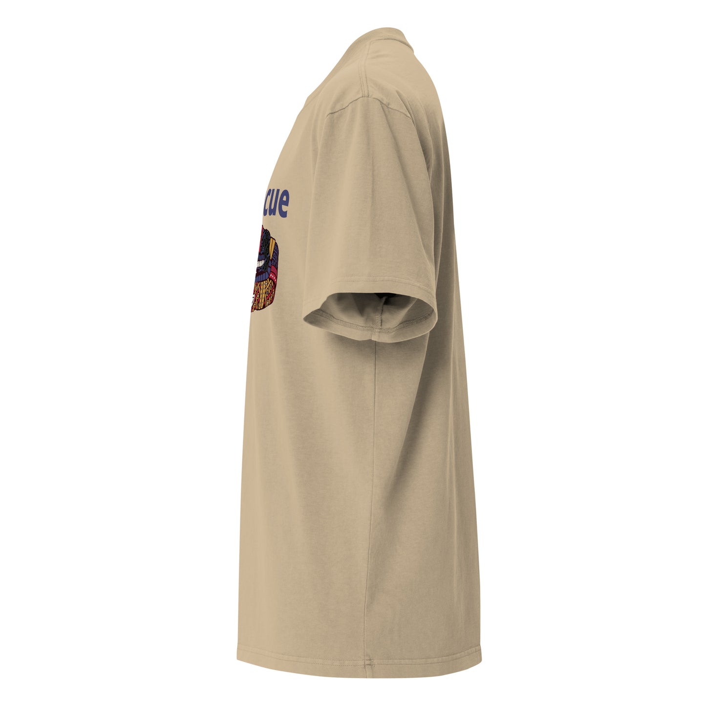 Faded khaki Coatlicue oversized distressed tee, left side view, showing the dropped shoulder seam.