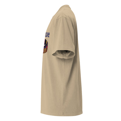 Faded khaki Coatlicue oversized distressed tee, left side view, showing the dropped shoulder seam.