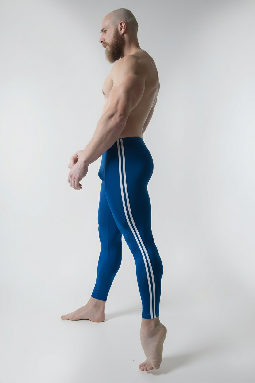 Side profile in Midnight Cobra tights, full length, deep blue nylon spandex