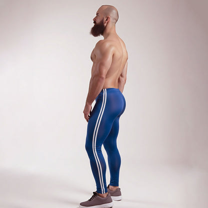 Full-length side view of Midnight Cobra tights showing the white stripe down the leg
