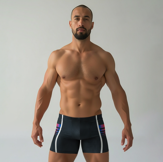 A muscular man wearing spandex shorts with white side stripes and colorful accents, standing against a plain light gray studio background.