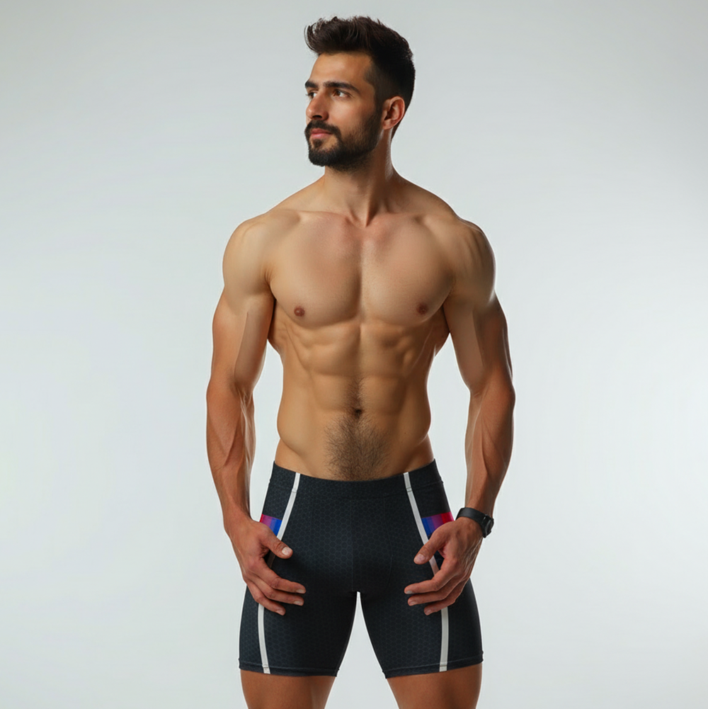 A muscular man wearing spandex shorts with white side stripes and a subtle purple accent, photographed against a light gray studio background.