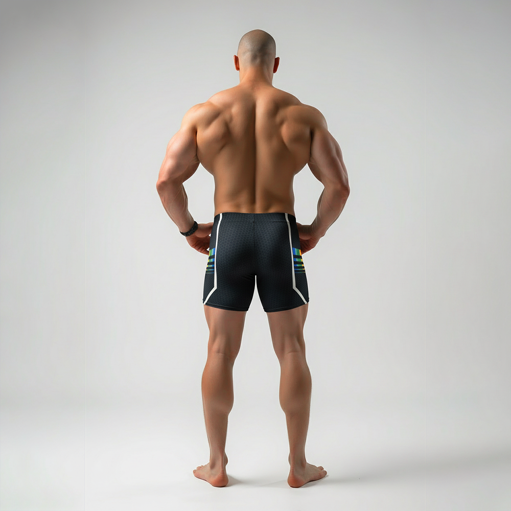 A muscular man viewed from behind wearing dark spandex shorts with white side stripes and small green and blue accents, standing against a light gray studio background.